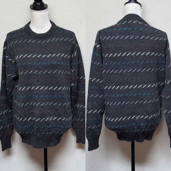 VINTAGE 70s South Channel Gray Wool Geometric Notched Knit Fisherman's Sweater - Picture 1 of 10